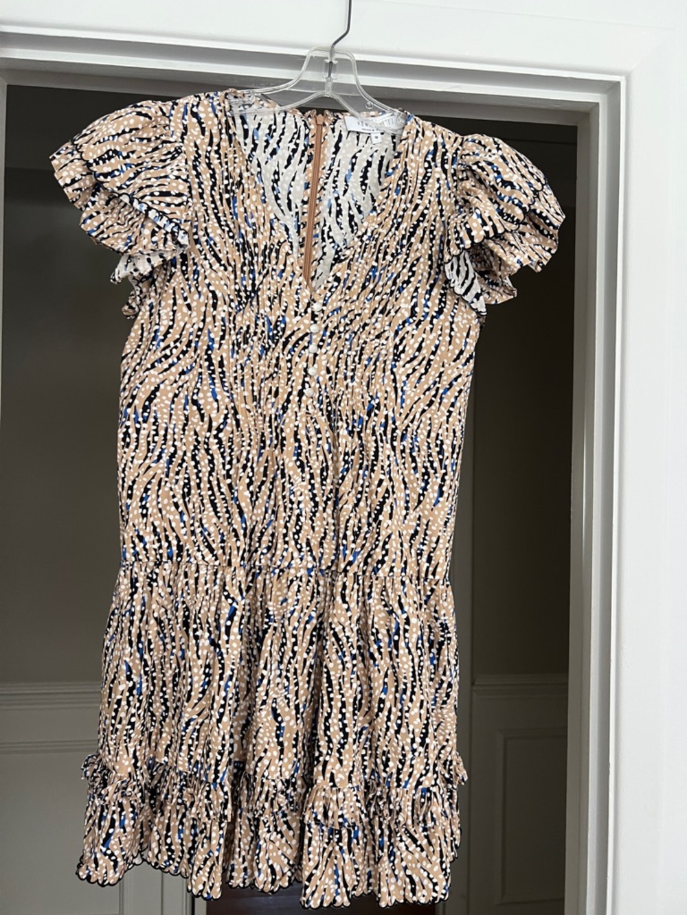 HUNTER BELL Beige, Navy & White Printed Ruffle Mini Dress
